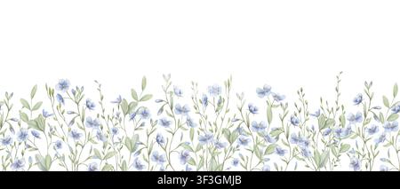 Fleurs de lin bleues aquarellées et tiges vertes bannière sans couture sur fond isolé. Veronica ou myosotis plantes fleuries bordure florale. Banque D'Images
