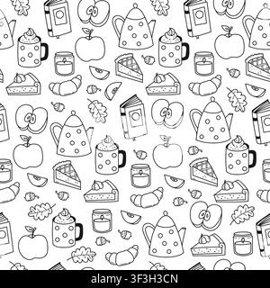 Contour Motif sans couture Automne Doodle . Automne douillet dessiné à la main avec théière, tasse de café, morceau de tarte, croissant, pommes, livre, bougie sur blanc Illustration de Vecteur