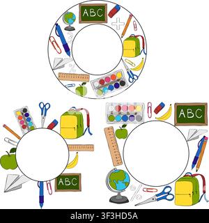 fournitures de rentrée ensemble d'outils pour élèves des écoles primaires cadre cercle rond illustration dessinée à la main. Modèle graphique vectoriel ligne art encre. conception f Illustration de Vecteur