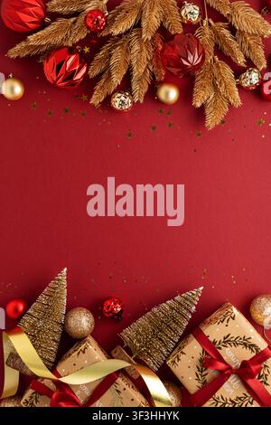 Composition de vacances de Noël mettant en vedette des branches de pin dorées, des boules rouges et dorées brillantes, des arbres miniatures et des boîtes-cadeaux soigneusement emballées sur un vibrant Banque D'Images