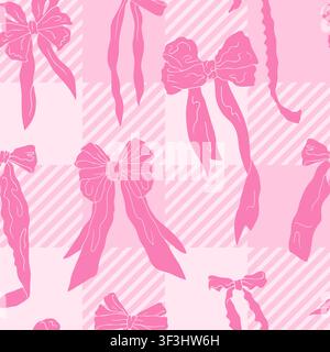 Motif à carreaux vichy rose bonbon et nœuds sans couture. Arrière-plan répétitif mignon et coquette Illustration de Vecteur