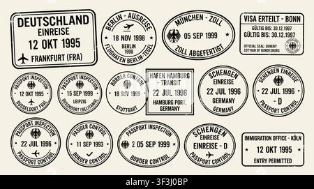 Collection de tampons d'immigration allemands. Badges de voyage vintage avec signes d'arrivée, de départ et approuvés. Style de passeport d'aéroport rétro Illustration de Vecteur
