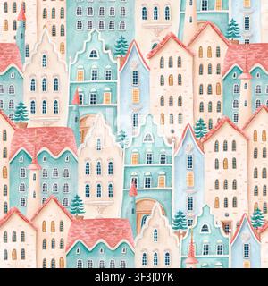Motif sans joint dessiné à la main à l'aquarelle avec des maisons de ville européennes pastel fantastiques et des sapins de Noël. Design festif dessiné à la main Banque D'Images