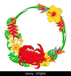 Couronne tropicale avec crabe rouge, hibiscus, plumeria, oiseau de paradis et feuilles de monstera dans un style plat. Design élégant dessiné à la main pour invitations Banque D'Images