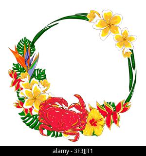 Couronne tropicale avec crabe rouge, hibiscus, plumeria, oiseau de paradis et feuilles de monstera dans un style plat. Design élégant dessiné à la main pour invitations Banque D'Images