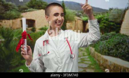 Jeune médecin femme en blouse blanche tenant un diplôme avec ruban rouge et stéthoscope, cheveux courts, main sur le menton devant un bâtiment en pierre ; réussite Banque D'Images