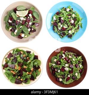 Salades fraîches avec betterave isolées sur blanc, set. Vue par-dessus Banque D'Images