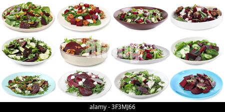 Salades fraîches avec betterave isolées sur blanc, disposées Banque D'Images