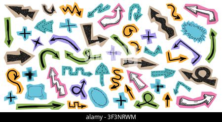 Ensemble de flèches en grunge, gribouillis, graffiti, dessinées à la main, découpées dans du papier, ainsi que des signes plus et des cadres de bordure isolés sur fond blanc. Symboles d'encre de style croquis c Illustration de Vecteur