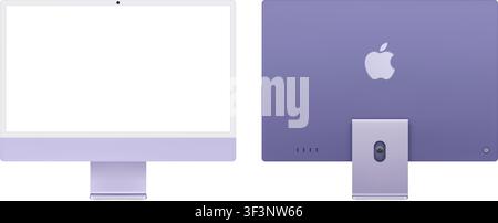Maquette photoréaliste détaillée Apple iMac M4 Violet 24 pouces. Dimensions réelles. Vue avant et arrière isolées sur fond transparent. Éditeur vectoriel Illustration de Vecteur