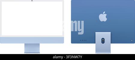 Mockup photoréaliste détaillé Apple iMac M4 Blue 24 pouces. Dimensions réelles. Vue avant et arrière isolées sur fond transparent. Éditorial vectoriel Illustration de Vecteur