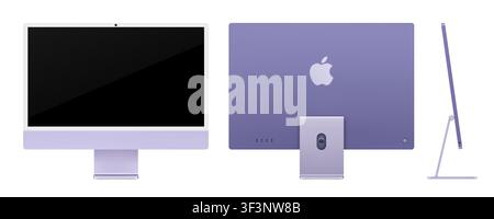 Maquette photoréaliste détaillée Apple iMac M4 Violet 24 pouces. Dimensions réelles. Vue avant, arrière et latérale isolées sur fond blanc. Éditeur vectoriel Illustration de Vecteur