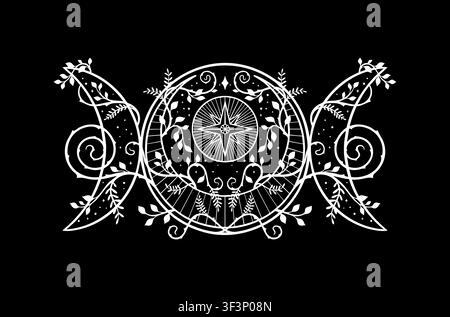 Mandala symétrique noir et blanc présentant un design de triple lune avec une étoile centrale et des rayons rayonnants. Entouré de vignes et de feuilles délicates. Es Illustration de Vecteur