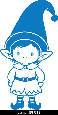 Petit personnage elfe fantastique debout dans une tenue simple avec un grand chapeau pointu, une ceinture et des bottes Illustration de Vecteur