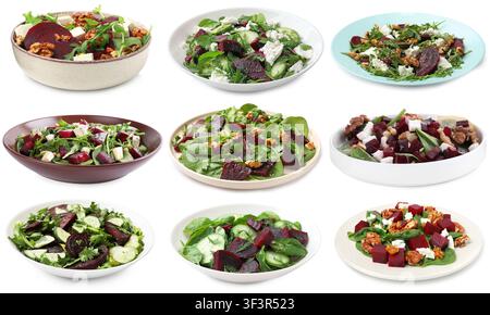 Salades fraîches avec betterave isolées sur blanc, disposées Banque D'Images