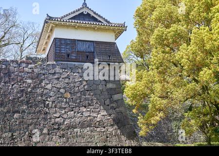Une tourelle de château japonais traditionnel (yagura) est perchée au sommet d'un immense mur de fortification en pierre usé. La structure architecturale présente des éléments classiques Banque D'Images
