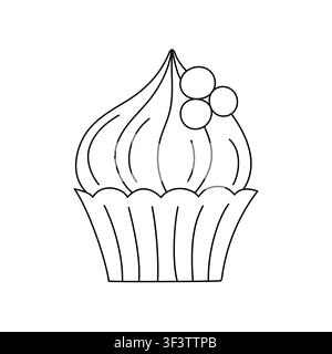 Petit gâteau sucré avec de la crème fouettée en spirale et des baies mûres, image vectorielle de contour linéaire dessiné à la main, délicieux muffin dessert de boulangerie pour la conception de page de livre de coloriage de fête Illustration de Vecteur