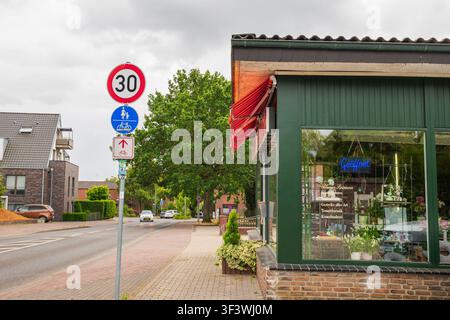 Panneaux de signalisation et façade de magasin de fleurs dans une rue résidentielle de banlieue européenne calme avec des voitures, un trottoir et des arbres verts sous un ciel nuageux couvert Banque D'Images