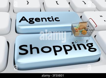 Illustration 3D d'un clavier d'ordinateur avec le script Agentic Shopping sur deux touches ainsi qu'un panier d'achat. Banque D'Images