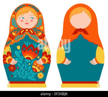 Ensemble vectoriel de poupées russes de style art populaire et silhouette plate. Collection de souvenirs slaves décoratifs. Clip art de poupées gigognes avec fleurs Illustration de Vecteur