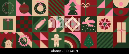 Motif mosaïque bauhaus de Noël. Fond Joyeux Noël et Bonne Année. Abstrait minimaliste sans couture du Nouvel An 2027. Utilisation pour carte de fête, affiche Illustration de Vecteur