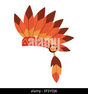 Coiffe à plumes amérindienne, vue de côté, illustration vectorielle. Warbonnet traditionnel du chef tribal isolé sur fond blanc. Élément ethnique de couronne de plumes indigène pour le design de Thanksgiving. Illustration de Vecteur
