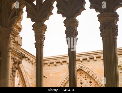 Fond avec des colonnes antiques texturées dans un ancien bâtiment d'église, héritage historique d'architecture médiévale avec des reliefs, des sculptures sur pierre, monumental Banque D'Images