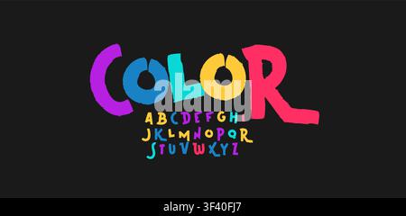 Police de couleur de carnaval, alphabet de dessin animé coloré, lettres groovy ludiques, police festive joyeuse pour un logo lumineux et heureux, titre de bande dessinée amusant, bondissant Illustration de Vecteur