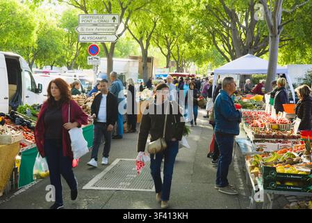 Des clients marchent à travers un marché de rue animé à l'ombre des arbres à Arles, Provence, France. Banque D'Images