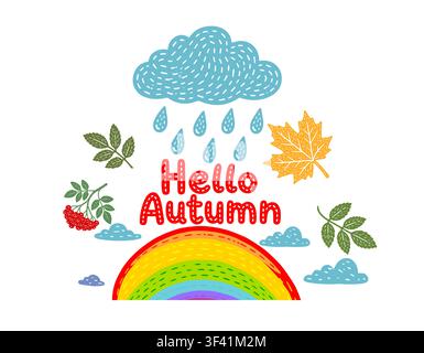 Nuage arc-en-ciel pour enfants Bonjour l'automne. Dessiné à la main. Pas d'IA, illustration vectorielle. Illustration de Vecteur