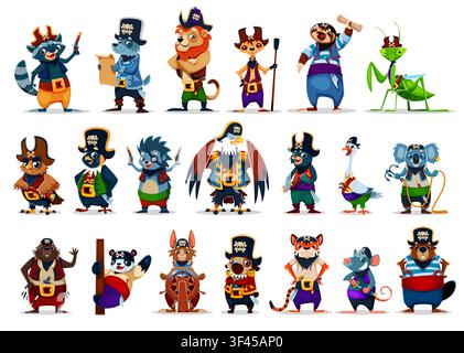 Personnages de créature pirate en forme d’animaux et d’oiseaux en costumes de corsaires et chapeaux. Joli perroquet, lion, chien et capitaine chat, personnages vectoriels de pirates. Mouette joyeuse, rat, aigle, hibou et panda, corsaires animaux Illustration de Vecteur