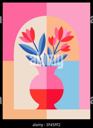 Illustration plate abstraite d'un vase coloré avec des fleurs dans une arche Illustration de Vecteur