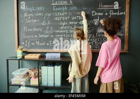 Écolières écrivant des notes de codage et des devoirs de diagramme de flux sur le tableau de la classe, apprenant des algorithmes et des capteurs. Utile pour l'éducation STEM, les cours de programmation, les campagnes d'apprentissage pour les enfants Banque D'Images