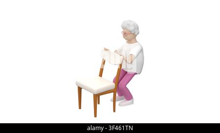 Ancienne femme faisant des mini-squats sur une chaise, rendu 3D Banque D'Images