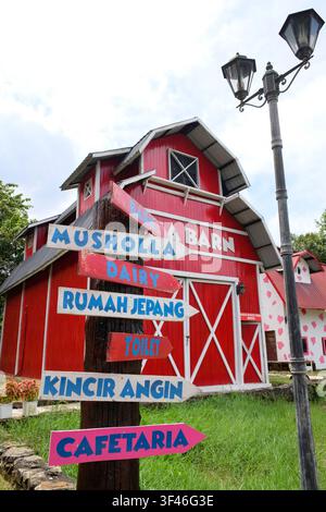 Pekanbaru, Indonésie - 8 décembre 2024 : Panneau directionnel en bois avec des flèches colorées devant une grange rouge à la ferme Asia Banque D'Images