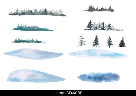 Un ensemble d'arbres éloignés et de mi-plaine ainsi que de congères. Cette illustration aquarellée isolée est parfaite pour les cartes de vœux, les décorations du Nouvel An Banque D'Images