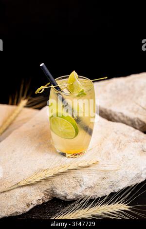 Cocktail tonique de gin sur fond sombre avec espace de copie Banque D'Images