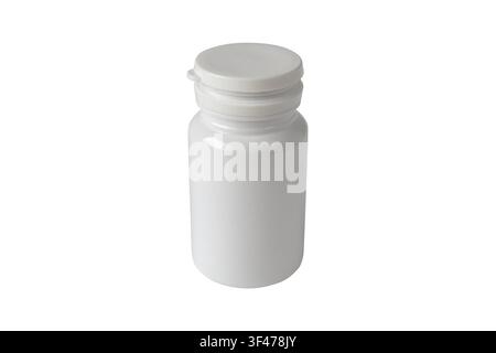 Bouteille en plastique cylindrique blanche brillante pour médicament ou complément avec bouchon, isolée sur fond blanc. Maquette d'emballage propre pour produits pharmaceutiques et Banque D'Images