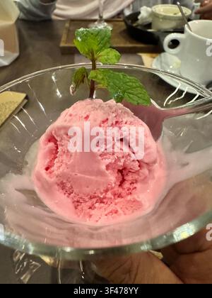 Close-up de glace à la fraise rose servie dans un bol en verre avec une garniture de menthe fraîche. Banque D'Images