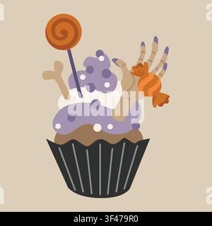 Cupcake effrayant d'Halloween dessiné à la main avec une main de zombie, un os et une sucette pour la décoration de fête saisonnière, les cartes ou les emballages Illustration de Vecteur