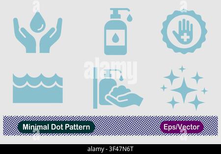 Motif minimal de points mains goutte d'eau, distributeur de savon liquide, badge médical hygiène des mains, vagues d'eau, lavage du désinfectant pour les mains et étincelles propres vecteur Illustration de Vecteur