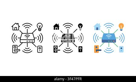 Ensemble d'icônes de réseau Wi-Fi pour domotique, silhouette de contour et couleur, vecteur isolé sur fond blanc Illustration de Vecteur