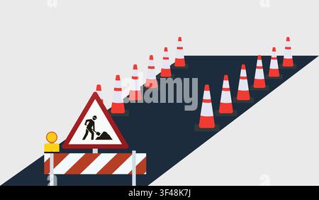 Zone de travaux routiers avec panneau d'avertissement et cônes de signalisation pour l'entretien Illustration de Vecteur