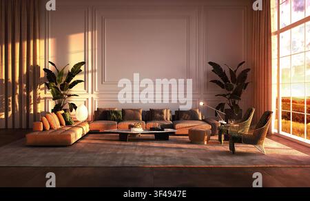 Sectional en terre cuite dans un salon boho éclairé par le coucher du soleil avec un mockup de panneau mural vide Banque D'Images