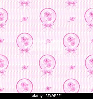 Motif rose sans joint en aquarell avec illustrations de roses vintage, nœuds et cadres ronds. Arrière-plan romantique mignon et répété pour papier cadeau, tissu Banque D'Images