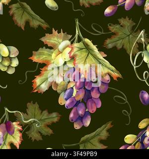 Motif sans joint aquarellé raisins verts et rouges sur vigne isolée sur fond sombre. Illustrations peintes à la main de grappes, baies, feuilles, vigne Banque D'Images