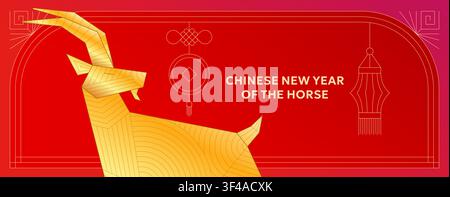 Vectoriel de poster horizontal pour le Nouvel An chinois 2027 du bouc. Concepte de fond avec motif géométrique de lanterne nuageuse rouge et or. Modèle de bannière de carte de vœux pour l'horoscope du zodiaque lunaire asiatique du mouton. Illustration de Vecteur