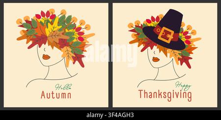Ensemble décoratif comprenant des portraits féminins stylisés avec des éléments de feuilles d'automne et de chapeaux de Thanksgiving. Convient pour les cartes saisonnières, les invitations, les affiches ou le branding festif, le modèle de message de vœux sur les réseaux sociaux Illustration de Vecteur