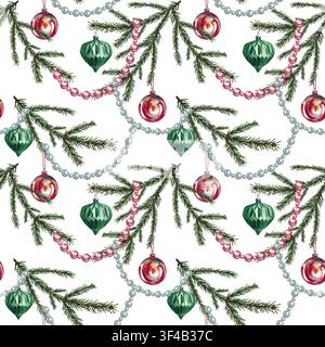 Motif sans couture de Noël composé de branches de sapin et de décorations de sapin. Illustration aquarellée dessinée à la main. Pour les emballages de Noël, les fêtes saisonnières Banque D'Images