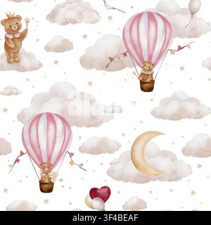 Motif sans couture aquarellé représentant des ballons gonflables roses, des nuages moelleux et des oursons en peluche. Pour textiles pour enfants, papier peint. Motif répétitif avec lune Banque D'Images
